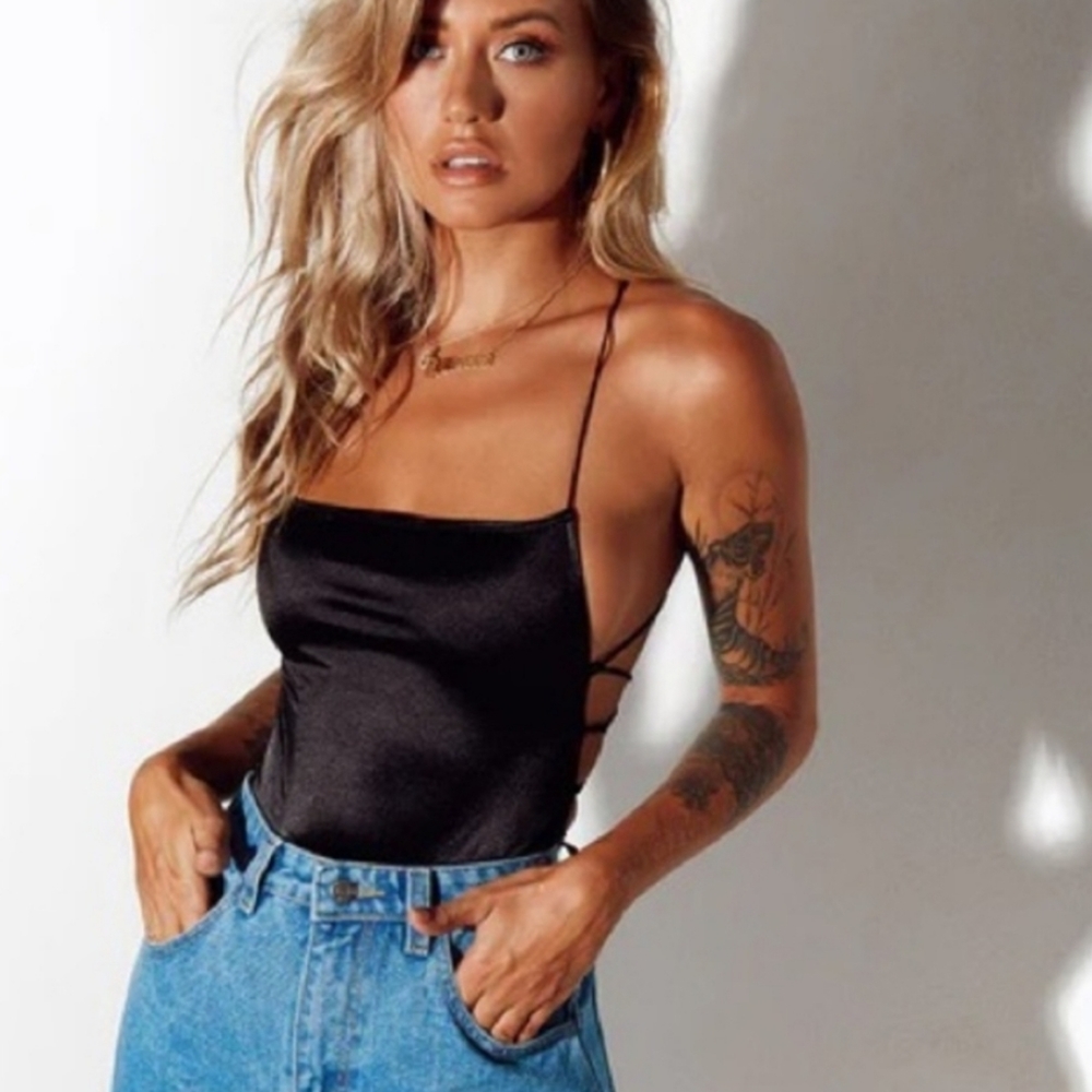 2/$30 Urban Outfitters Motel Rocks Lati Laced Up Bodysuit In Satin Black